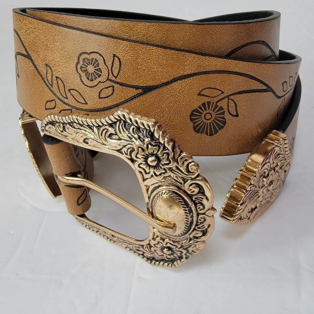 Floral Tan Belt with Gold Buckle 31-38 inches